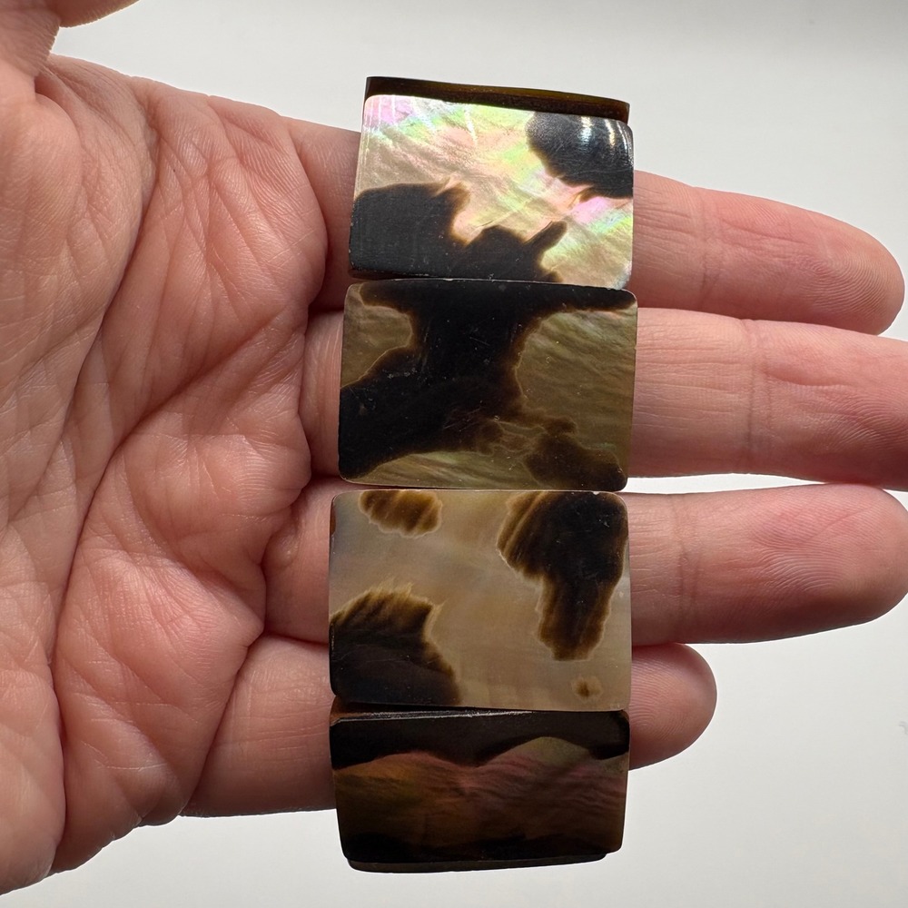 Vintage Mother of Pearl Shell Stretch Cuff Bracelet Brown Iridescent Wide Tile